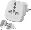 A white universal travel adapter with multiple plug types and two smaller adapters shown separately. Produktbild-Vorschau