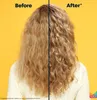 A split image showing a person's hair before and after using a hair product. The left side shows frizzy, undefined hair, while the right side shows defined, wavy curls. The background is bright yellow. Podgląd zdjęcia produktu