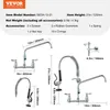 A collage of images showing different views and dimensions of a commercial kitchen faucet, along with a text overlay detailing its specifications and accessories. Produktbild-Vorschau