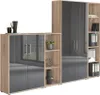 A modular office cabinet system with a wood-grain finish and dark, glossy doors, displayed against a white background. Produktbild-Vorschau