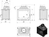 Technical drawings and a 3D render of a fireplace insert. Produktbild-Vorschau