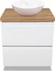 A white vanity cabinet with a wooden countertop and a marble-effect basin on top. Produktbild-Vorschau