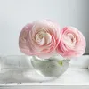 Three pink ranunculus flowers in a glass vase on a white wooden tray. Podgląd zdjęcia produktu