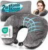 A travel pillow and a smaller pillow are displayed, with a woman wearing a similar travel pillow in the background. The image also includes marketing text and certification logos. Produktbild-Vorschau