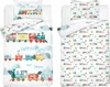 A split image showing two views of children's bedding with a train theme. The left side shows a duvet cover and pillowcase with a large train illustration and text. The right side shows a duvet cover and pillowcase with a repeating pattern of smaller train Produktbild-Vorschau