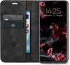 A black flip-style phone case with card slots and a smartphone displaying the time and date. Produktbild-Vorschau