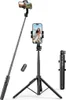 A black selfie stick with a tripod and remote control is displayed against a white background. Náhľad obrázku produktu