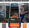 Collage showing a refrigerant recovery machine and its use in air conditioners, cars, and refrigerators, with text overlays listing compatible refrigerants. Podgląd zdjęcia produktu