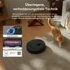 A robot vacuum cleaner is shown on a carpet next to a cat. There are also inset images highlighting the vacuum's features. Produktbild-Vorschau