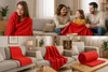A collage of images showing a red fleece blanket in various settings, including being used by people and displayed on a sofa. Produktbild-Vorschau