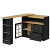 A corner desk with a light wood top and black base, featuring shelves, a cabinet with a window-like door, and drawers. Produktbild-Vorschau