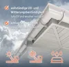 A close-up view of white PVC gutters and downspouts installed on the exterior of a building, with a cloudy sky in the background. Icons indicating weather resistance are present. Produktbild-Vorschau
