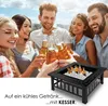 A group of friends toasting with beer bottles, with a fire pit filled with ice and beer bottles in the foreground. Produktbild-Vorschau
