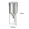 A silver stainless steel fermentation vessel on a stand, with dimensions indicated. Produktbild-Vorschau