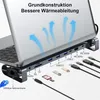 A laptop connected to a docking station with various ports and cables plugged in. Produktbild-Vorschau