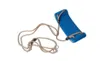 A blue plastic swing seat with tan ropes, isolated on a white background. Produktbild-Vorschau