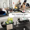 A split image showing a messy kitchen sink area on top and a tidy kitchen sink area with a storage rack on the bottom. Produktbild-Vorschau