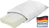 A white pillow with a cutaway showing the inner foam core, next to a German flag logo. Produktbild-Vorschau