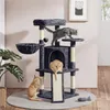 Three cats interacting with a multi-level cat tree in a home setting. Produktbild-Vorschau