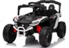 A white and black electric ride-on car for children.