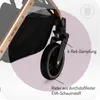 Close-up of a stroller wheel and suspension system, with text highlighting features. Produktbild-Vorschau