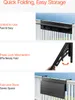 A collage of images showing a foldable balcony table being unfolded, folded, and stored. Voir les images du produit
