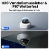 Two images of a dome security camera, one indoors and one outdoors in the rain, with feature callouts. Produktbild-Vorschau