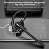 A black wireless headset is placed on a smartphone screen displaying a music player interface. A charging case is visible in the background. Produktbild-Vorschau