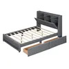 A grey upholstered bed frame with a headboard featuring storage compartments and an open drawer. Náhľad obrázku produktu