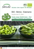 A close-up of two bowls of edamame beans, one shelled and one in pods, with a green and white striped cloth underneath. Produktbild-Vorschau