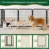 Three dogs of different sizes are standing in front of a black metal fence. Below the fence are three diagrams showing different configurations of the fence panels and accessories. Podgląd zdjęcia produktu