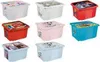 A collage of different colored storage boxes with cartoon characters on them. Voir les images du produit