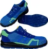 A collage of three images showing a pair of blue and green athletic safety shoes from different angles. Produktbild-Vorschau