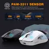 Two gaming mice, one black and one white, are shown with a robotic hand hovering over the white mouse. Text overlays describe the mouse's sensor specifications. Produktbild-Vorschau