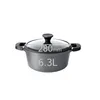 A gray pot with a glass lid and black handles is shown against a white background. Text indicating dimensions and capacity is overlaid on the image. Produktbild-Vorschau