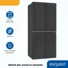 A black refrigerator with feature icons and text on a white background. Produktbild-Vorschau
