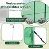 Collage of images showing features of a greenhouse, including its windproof design, anchoring stakes, and tie-downs. Produktbild-Vorschau
