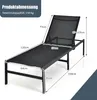 A black chaise lounge with dimensions and weight capacity indicated by text overlays. Voir les images du produit