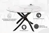 A round dining table with a marble-effect ceramic top and a black metal base, shown in a studio setting with graphic overlays highlighting product features. Produktbild-Vorschau