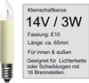 A product image showing a small candle-shaped light bulb next to a label with its specifications. Produktbild-Vorschau