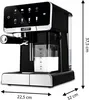A black and silver automatic coffee machine is shown from a side-angle on a white background. Dimensions are indicated with arrows and text. Produktbild-Vorschau