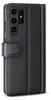 A black leather flip case for a smartphone, shown from the side with the camera module visible. Produktbild-Vorschau