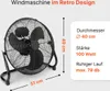 A black floor fan is shown with dimensions and specifications overlaid on the image. Náhľad obrázku produktu