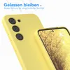A yellow phone case is shown in close-up, with a second phone partially visible in the foreground displaying a nature-themed wallpaper. Produktbild-Vorschau