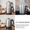 A collage of images showing a silver electric tea kettle and water boiler, with one image showing water being poured into it. Produktbild-Vorschau