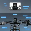 Close-up view of an e-bike handlebar display and controls, with labels pointing to different features. Produktbild-Vorschau