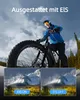 A person riding a fat-tire bicycle in a snowy mountainous landscape, with two inset images showing the effect of EIS stabilization. Produktbild-Vorschau