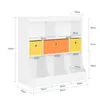 A diagram showing the dimensions of a white children's bookshelf with yellow and orange storage boxes. Anteprima dell’immagine prodotto