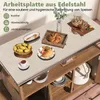 A stainless steel countertop with food items and text overlays. Produktbild-Vorschau
