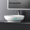 A white ceramic washbasin is shown on a dark cabinet, with a faucet behind it and a lit mirror above. Produktbild-Vorschau